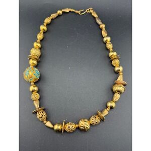 Vintage Beaded Gold Tone Necklace Filigree Ball Enamel Flower Boho Signed 23"